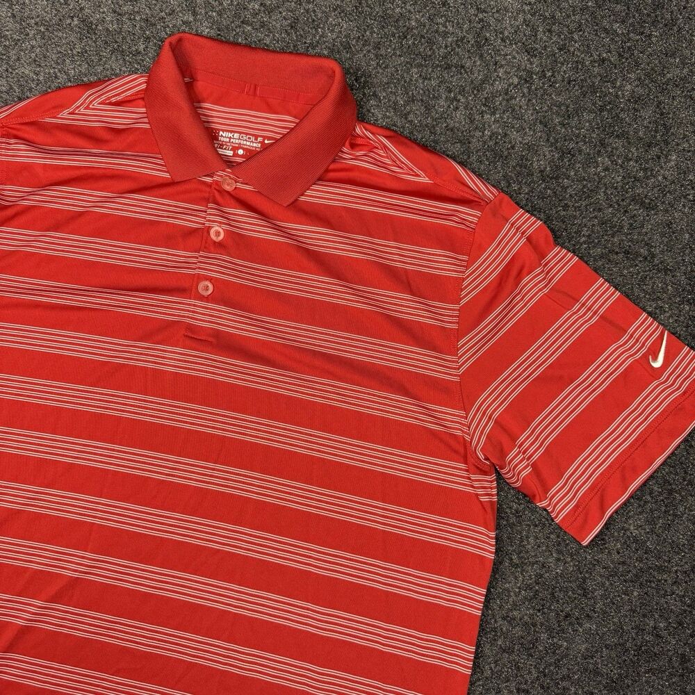 Nike Golf Polo Shirt Red Striped Embroidered Swoosh Logo Men’s Large Dri-Fit